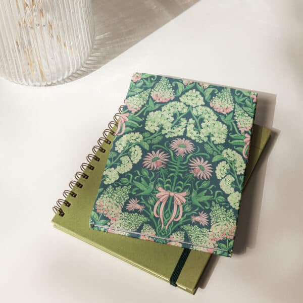 Pretty in Pinky journal resting on a green notebook.