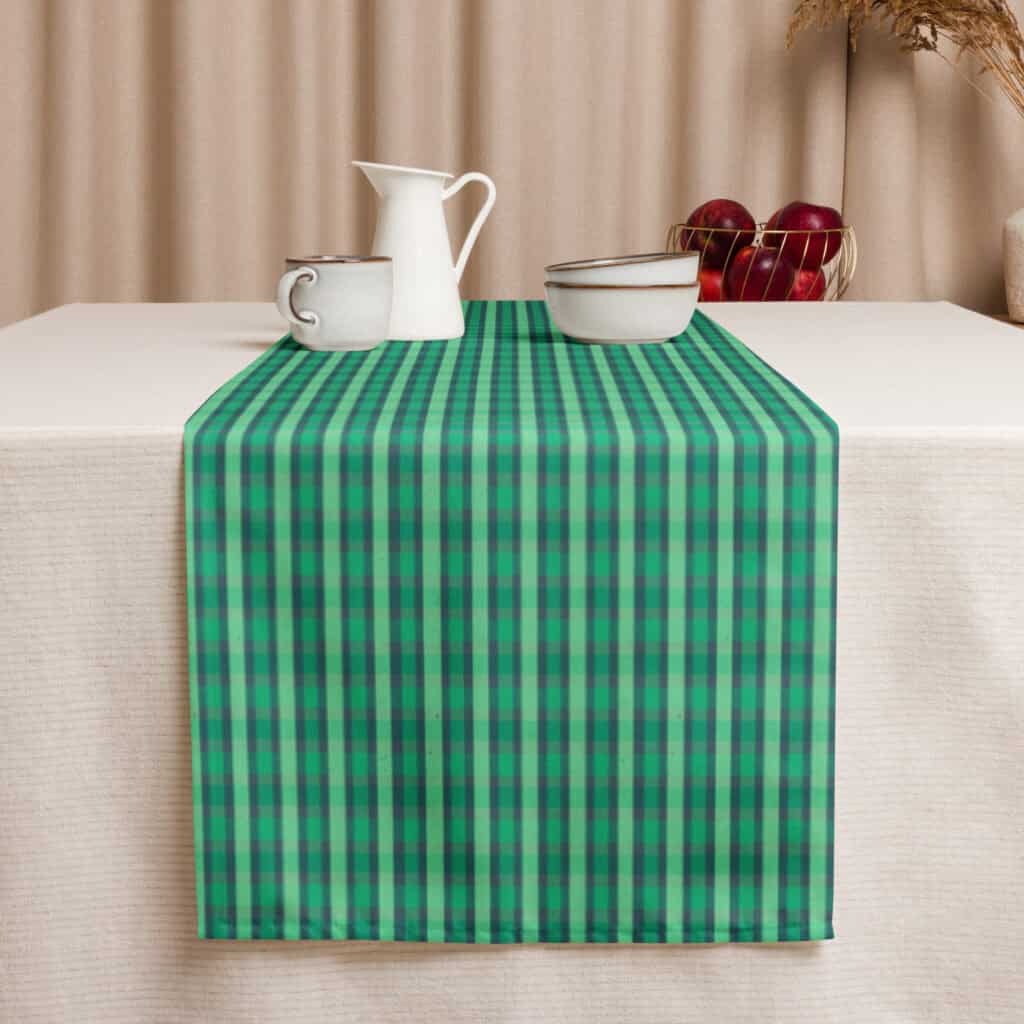 English Garden Madras runner styled with pitcher, bowls, and apples on a table.