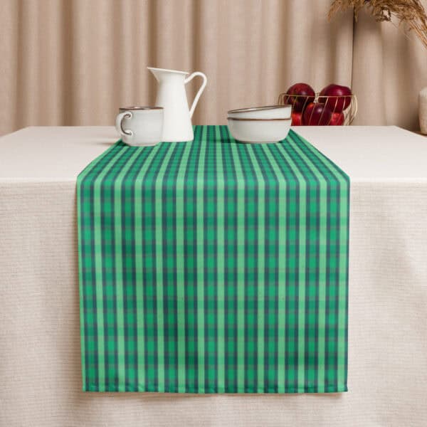 English Garden Madras runner styled with pitcher, bowls, and apples on a table.