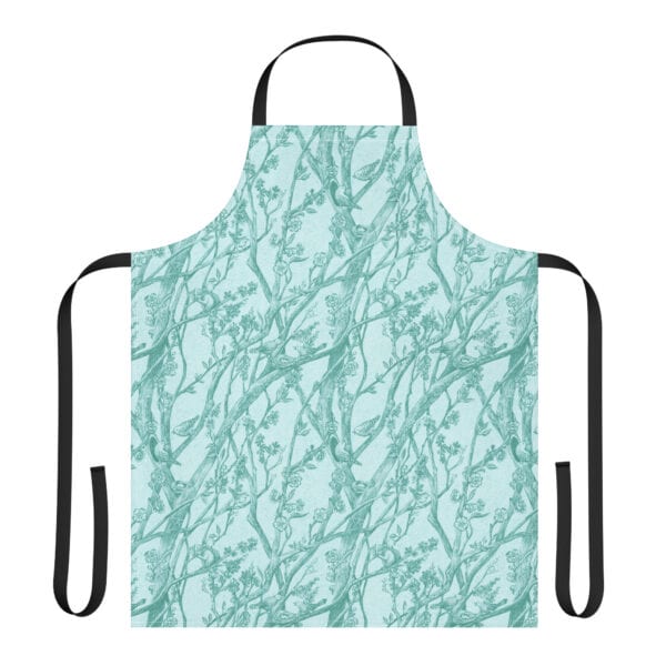 Layflat of kitchen apron with black straps, printed with Toile de Vie in aqua.