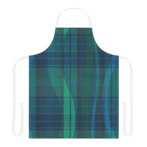 Apron with white straps printed with Breaking Plaid design in navy and green.