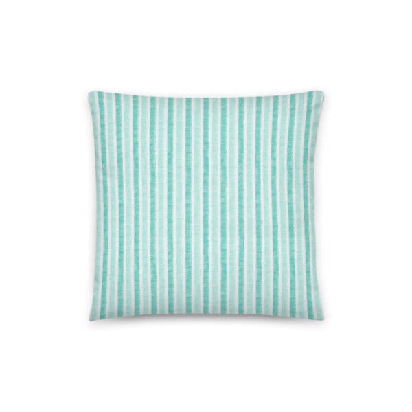 Back side of 14" x 14" pillow printed with grosgrain stripes in aqua.