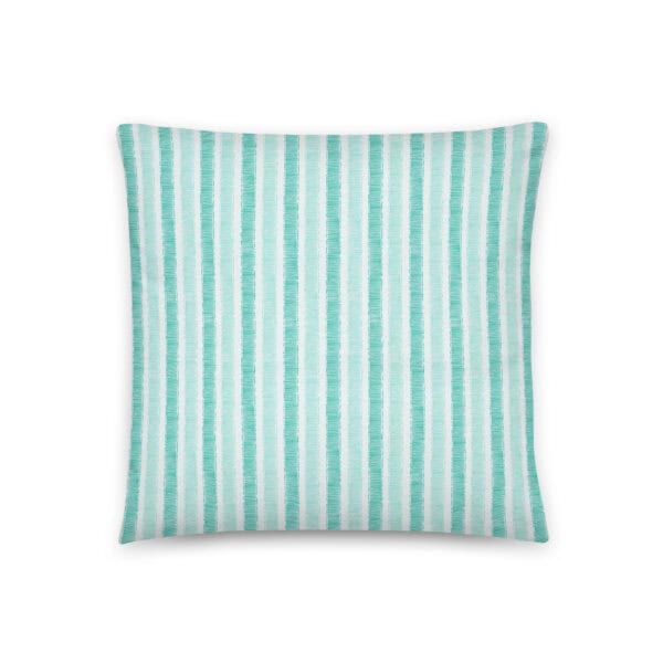 Back side of 16" x 16" pillow printed with grosgrain stripes in aqua.