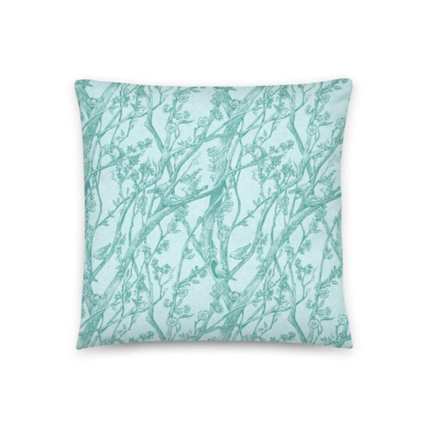 Front side of 16" x 16" pillow printed with Toile de Vie in aqua.