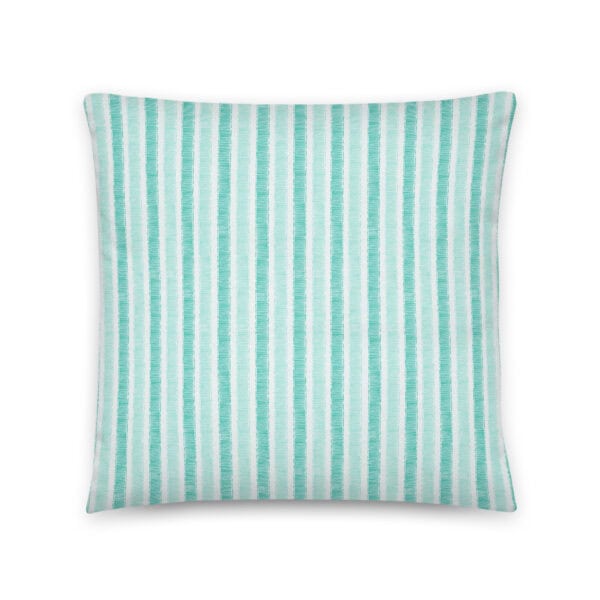 Back side of 18" x 18" pillow printed with grosgrain stripes in aqua.