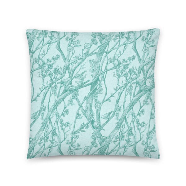 Front side of 18" x 18" pillow printed with Toile de Vie in aqua.