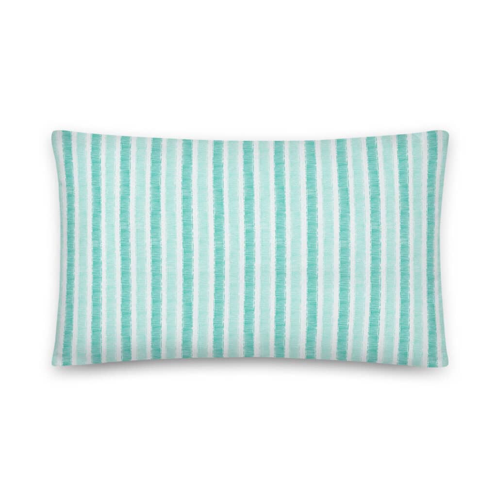 Back side of 20" x 12" bolster pillow printed with grosgrain stripes in aqua.