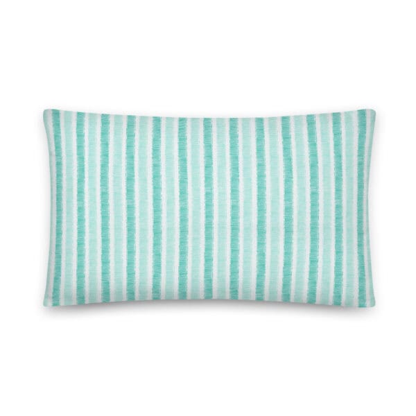 Back side of 20" x 12" bolster pillow printed with grosgrain stripes in aqua.