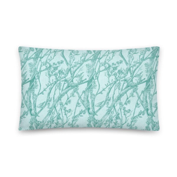 Front side of 20" x 12" bolster pillow printed with Toile de Vie in aqua.