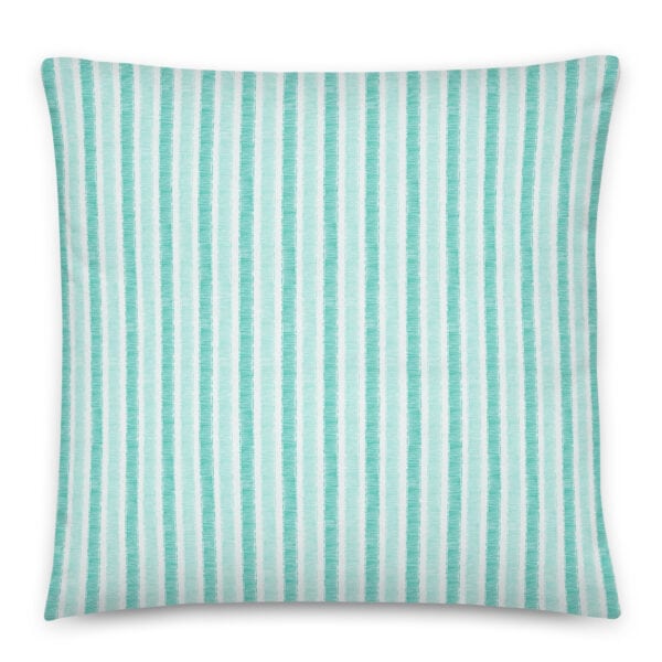 Back side of 22" x 22" pillow printed with grosgrain stripes in aqua.