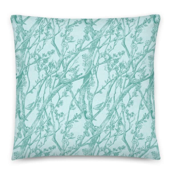 Front side of 22" x 22" pillow printed with Toile de Vie in aqua.