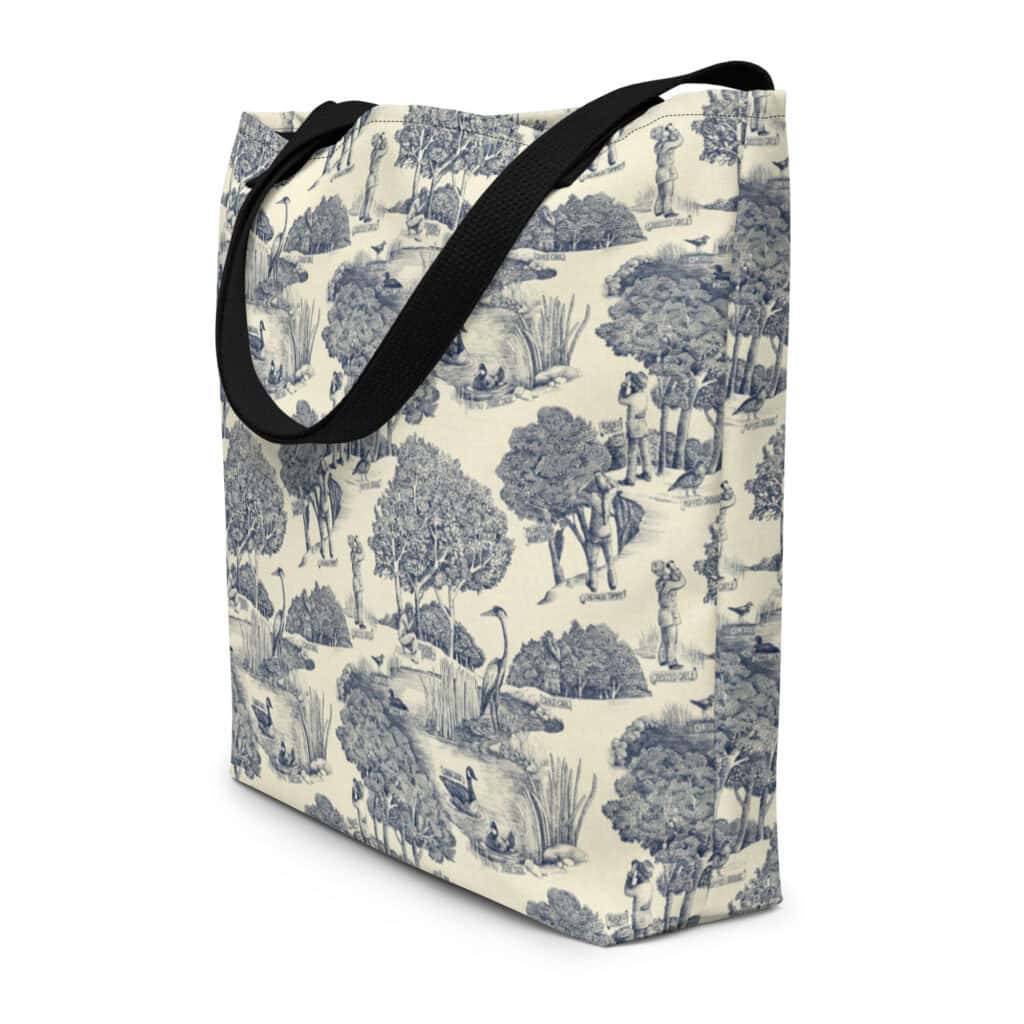 Three quarter view of tote bag printed with Birds & Birders toile de juoy.