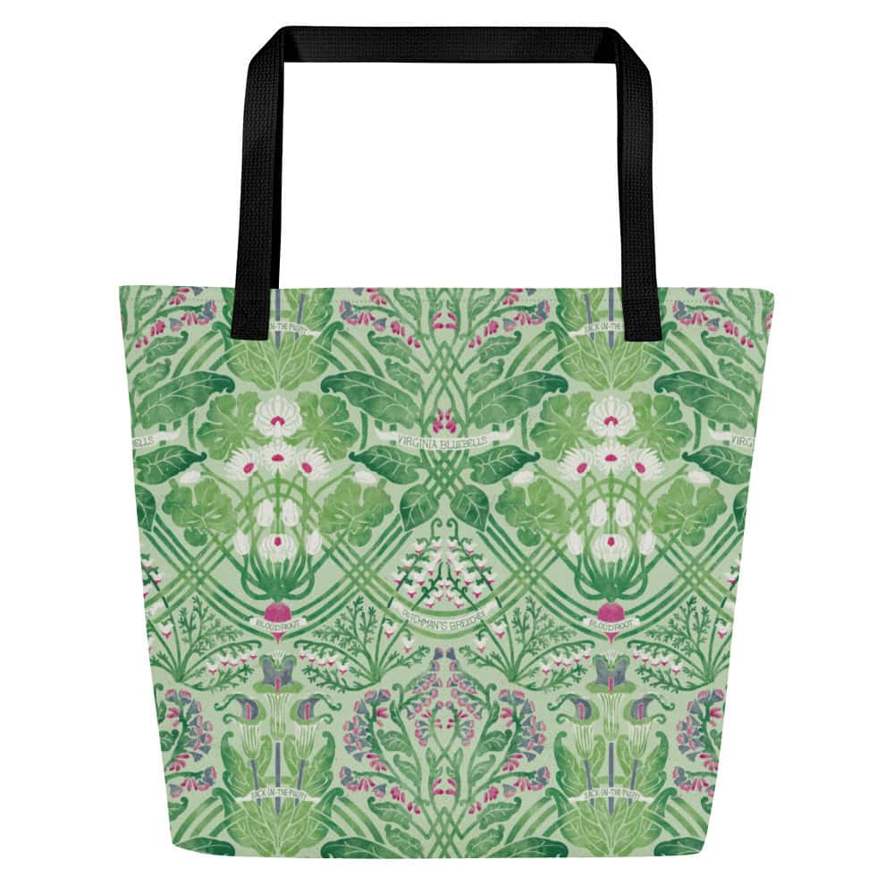Front side of tote with black strap, printed with Rennie's Field Journal print in vibrant green with pink and white.