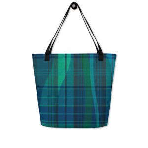 Front side of large tote with black handles, featuring Breaking Plaid print in Black Watch colorway navy and green.