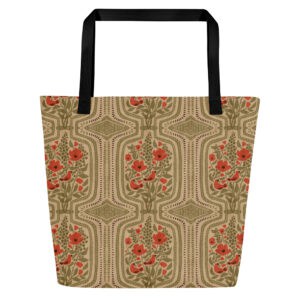 Boho Terrarium tote bag, front side, with scarlet tanager and poppy pattern in natural tones and bright warm red.
