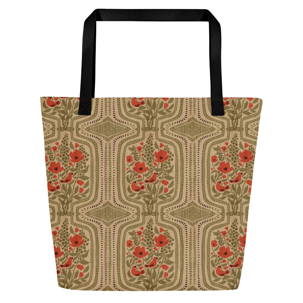 Boho Terrarium tote bag, front side, with scarlet tanager and poppy pattern in natural tones and bright warm red.