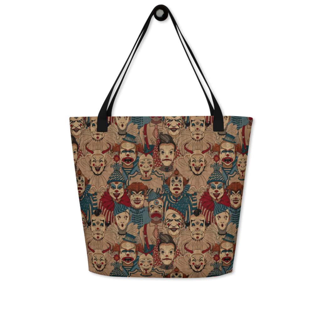 Front view of tote with black straps featuring a collection of vintage scary carnival clowns in antique colors of off white, red and blue.