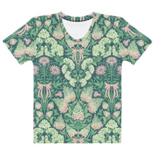 Front layflat view of crew neck, short sleeved women's tee with all over print, Pretty in Pinky hydrangeas on a dark teal background.