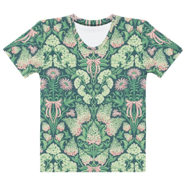 Front layflat view of crew neck, short sleeved women's tee with all over print, Pretty in Pinky hydrangeas on a dark teal background.