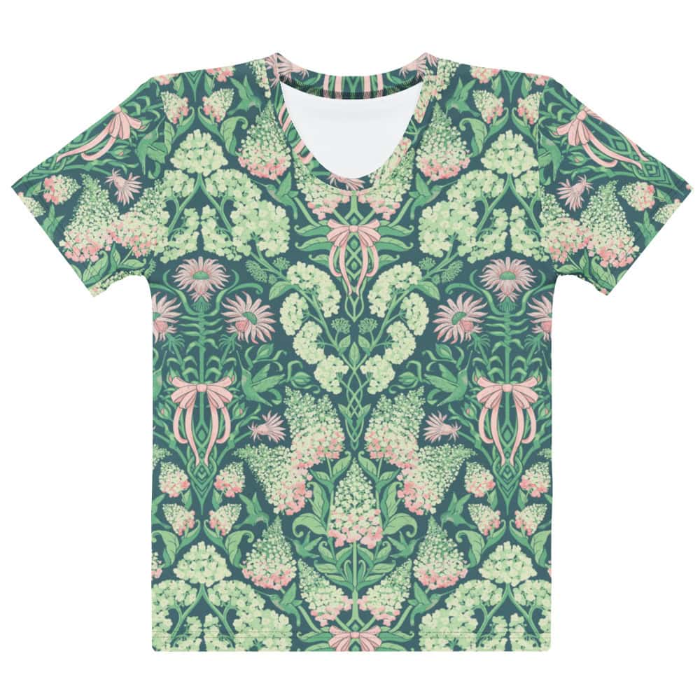 Front layflat view of crew neck, short sleeved women's tee with all over print, Pretty in Pinky hydrangeas on a dark teal background.