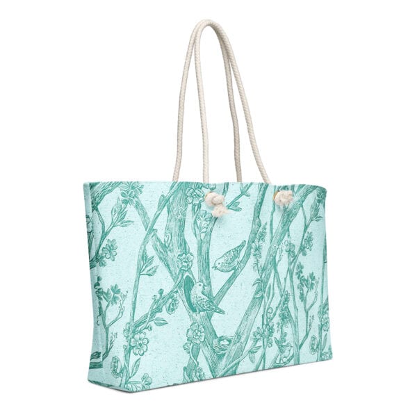 Toile de Vie Aqua weekender bag with rope straps, shown from back.