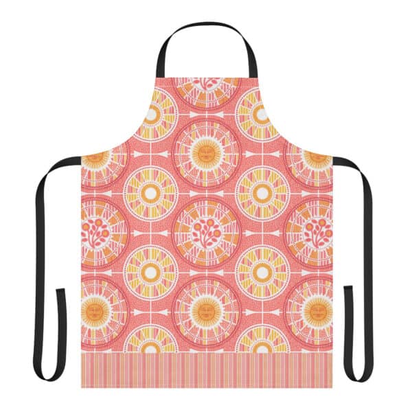 Apron with black straps printed with Tour de Citrus in pink grapefruit colors and bottom edge striped chevron treads.