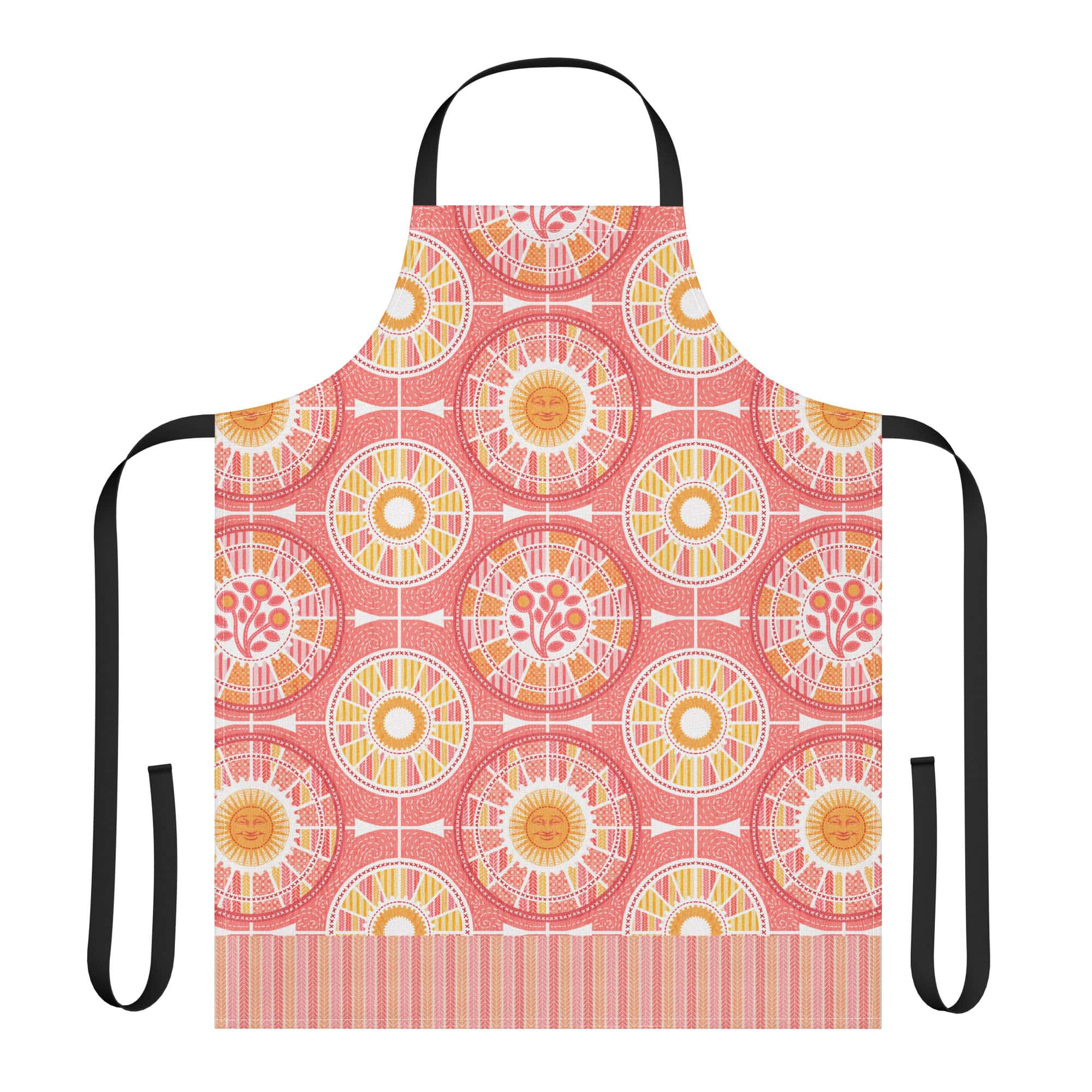 Apron with black straps printed with Tour de Citrus in pink grapefruit colors and bottom edge striped chevron treads.