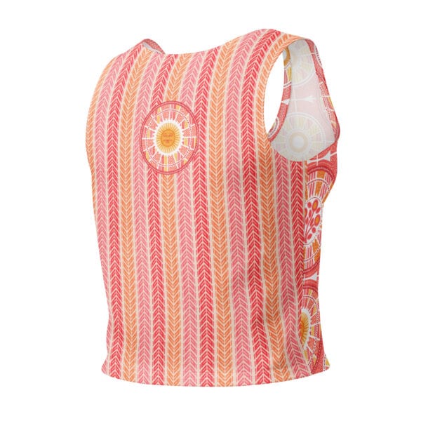Contrasting back side of tank printed with vertical stripes of chevron bike treads, and a smiling sun patch placed between shoulders.