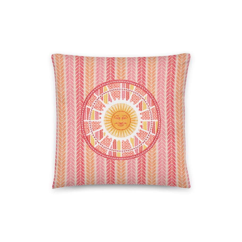 14x14 pillow showing front side, vertical tread stripes with sunshine patch.