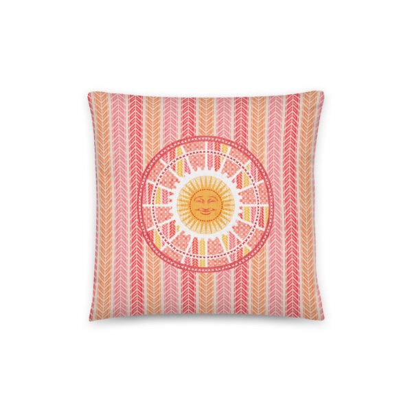 14x14 pillow showing front side, vertical tread stripes with sunshine patch.