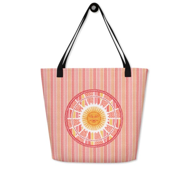 Sunshine patch on bike treads, front side of tote.