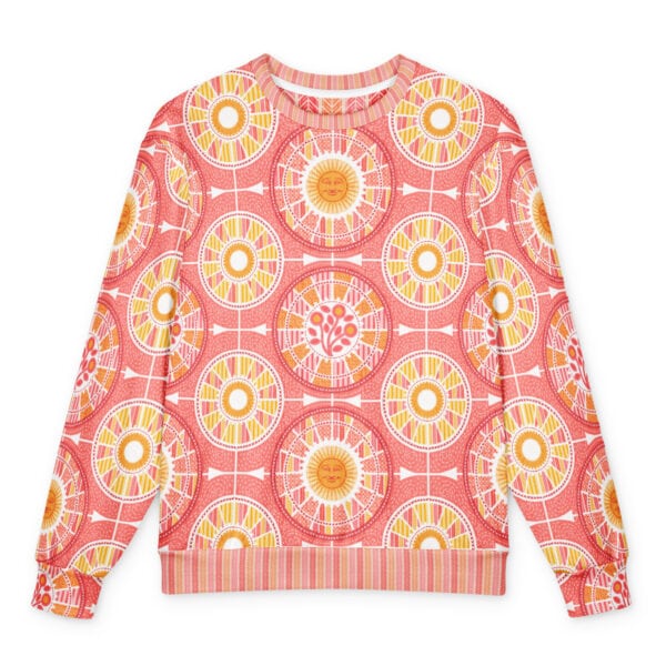Front side layflat of oversized cotton sweatshirt, printed with Tour de Citrus and edging in chevron tread at collar and waistband.