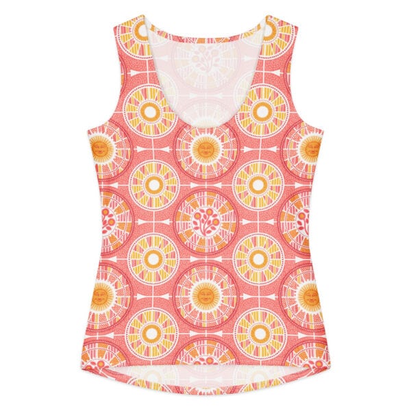 Front side of tank top printed with Tour de Citrus in pink grapefruit colors.