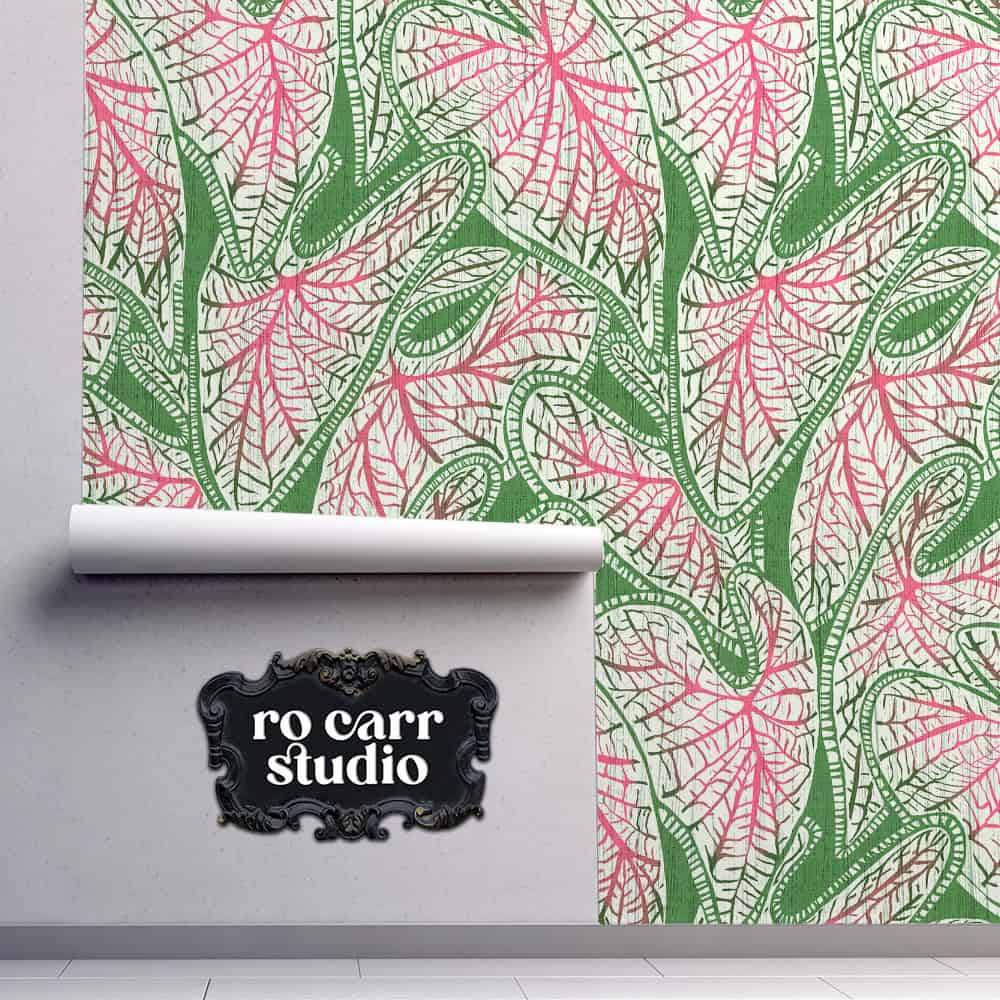 Lilly's Garden in pink and green wallpaper rolled onto wall.
