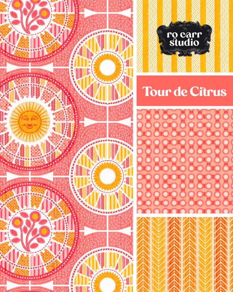 The main print shown with three coordinates: two tire tread patterns and a bike chain pattern.