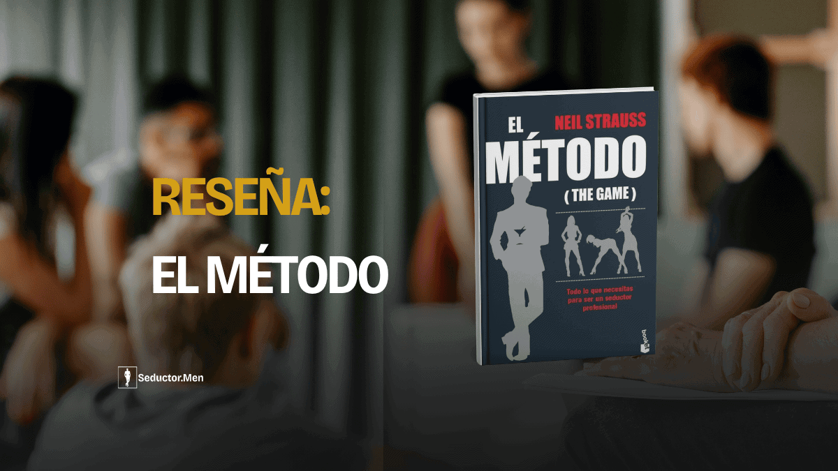 El libro El método de Neil Strauss con el rótulo Reseña sobre una escena social de fondo