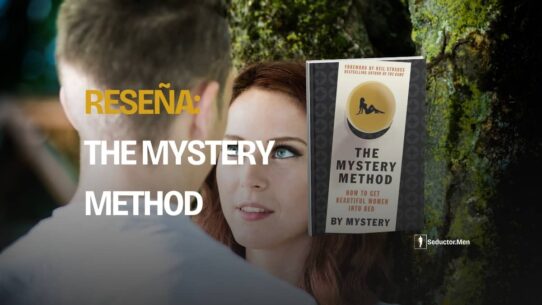 Reseña del libro The Mystery Method: un hombre y una mujer mirándose junto a la tapa del libro de Mystery
