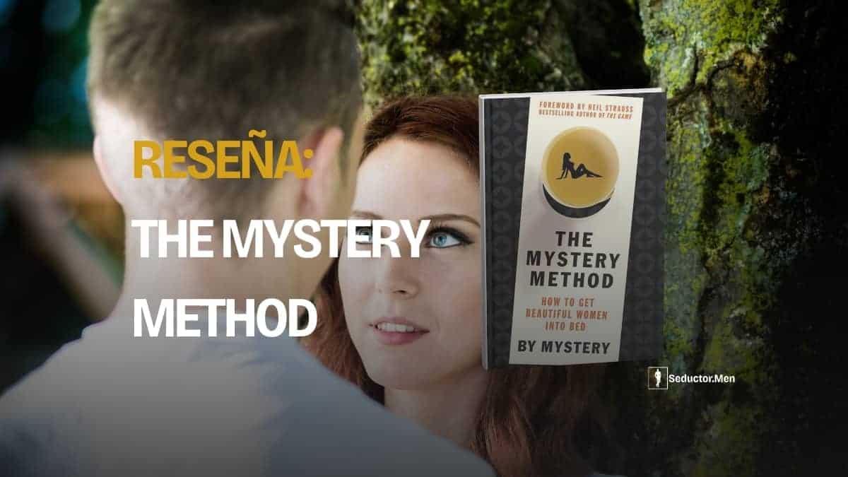 Reseña del libro The Mystery Method: un hombre y una mujer mirándose junto a la tapa del libro de Mystery