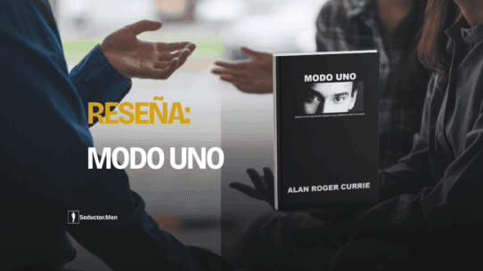 Dos personas conversando junto al libro Modo Uno de Alan Roger Currie en la reseña de Mode One