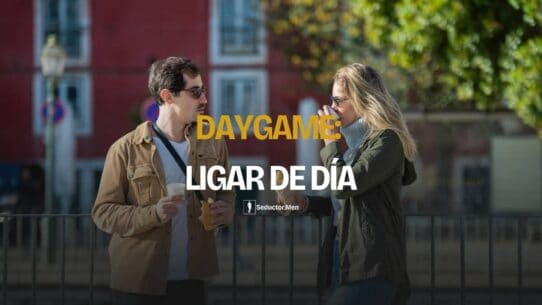 Hombre y mujer conversando de día en una calle europea, portada de la guía de daygame
