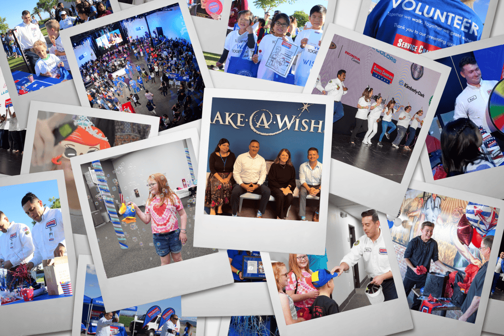 Collage of Make-A-Wish event photos showing caring volunteers, smiling children, and joyful group activities in a welcoming setting.