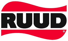 The RUUD logo features bold black letters on white, embraced by a red wave border—symbolizing trustworthy local home comfort.