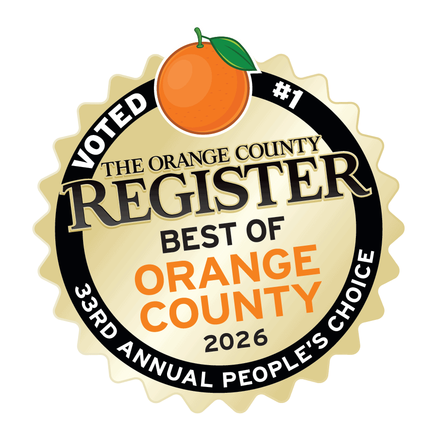Gold badge featuring an orange graphic, proudly displaying “Voted #1, The Orange County Register, Best of Orange County 2026, 33rd Annual People’s Choice.” This award highlights Service Champions’ dedication to delivering reliable and trusted HVAC, plumbing, and drain services for homeowners throughout Southern California.