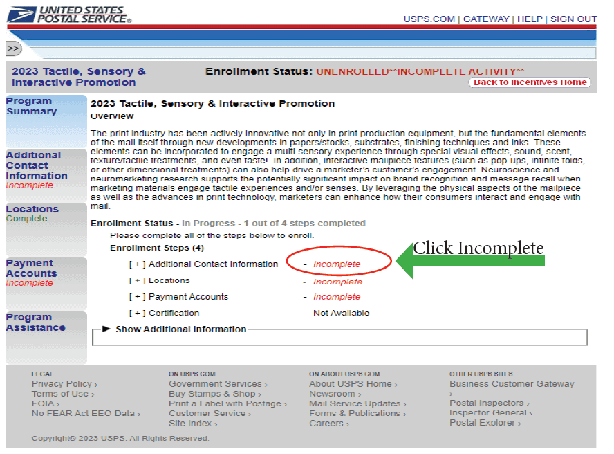 USPS Promotion Registration page