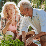 Colorful elderly couple gardening outdoors, smiling, enjoying nature, representing healthy aging and outdoor activities, Life Satisfaction.
