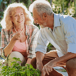 Colorful elderly couple gardening outdoors, smiling, enjoying nature, representing healthy aging and outdoor activities, Life Satisfaction.