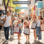 People shopping and walking downtown on a sunny day in front of retail shops and banners.