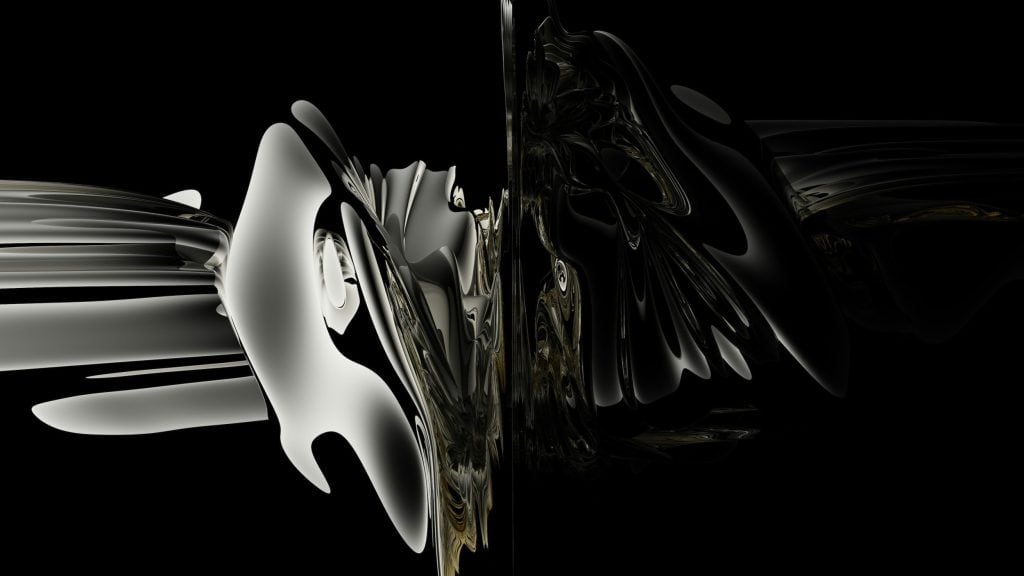 An image shows a large metallic, liquid-like splash against a black background. Half of the image is shadowed, making the metallic substance blend into the dark background.