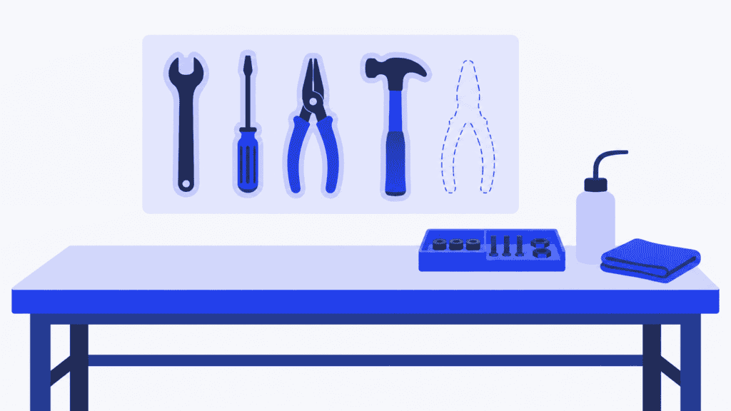Organized tools above a clear workbench show a practical 5S arrangement for use and return