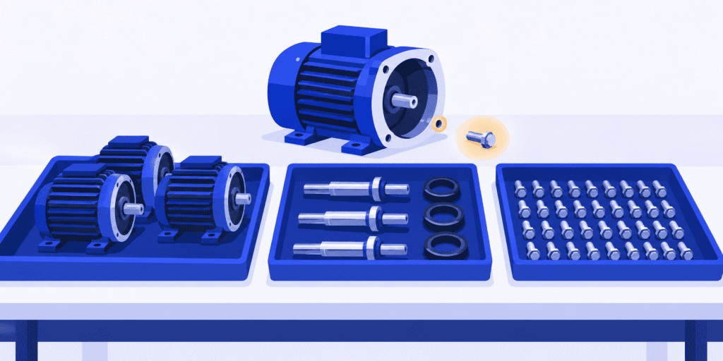 Motors, shafts and bolts in separate trays beside an assembly awaiting a small bolt.